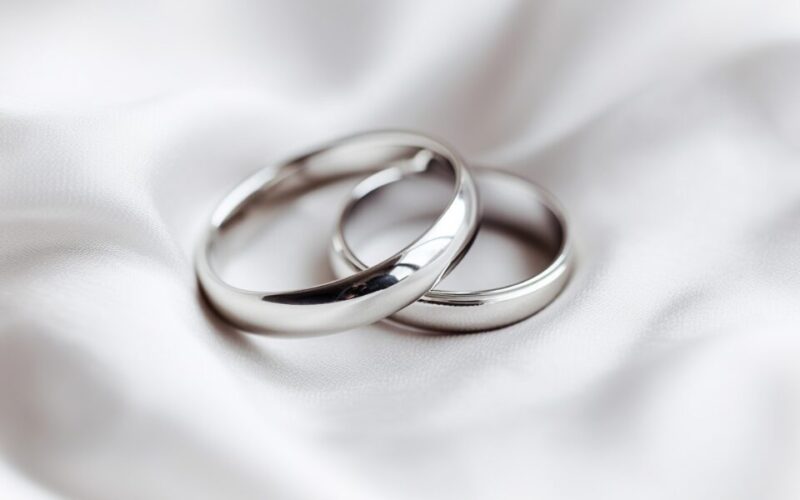 白い布の上にある２つの結婚指輪